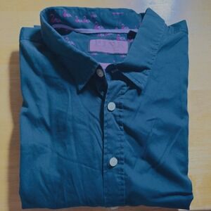 Thomas Pink Button Dress Down Shirt Flamingo Print Long Sleeve Teal Slim Fit 3XL